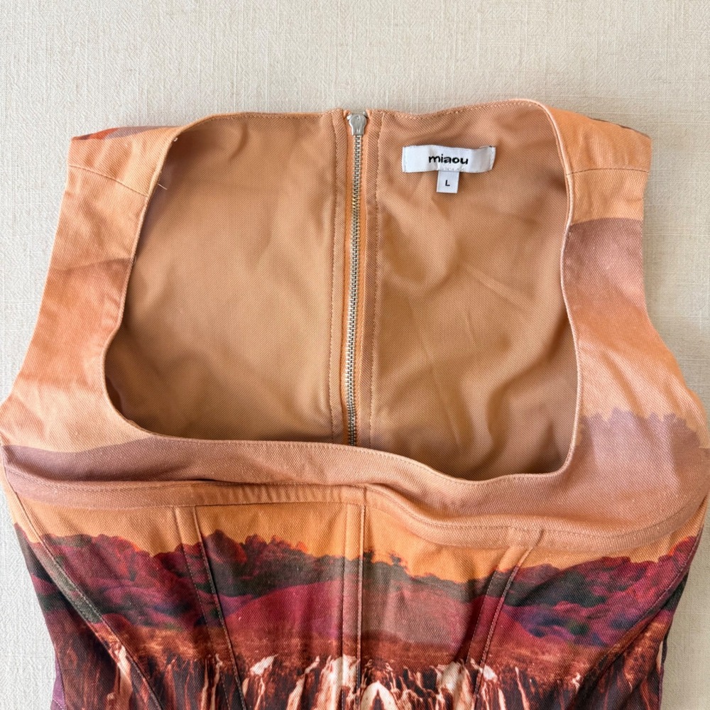 Miaou Campbell Oasis Corset Top Large Orange Desert Waterfall Landscape Boned - Picture 10 of 16